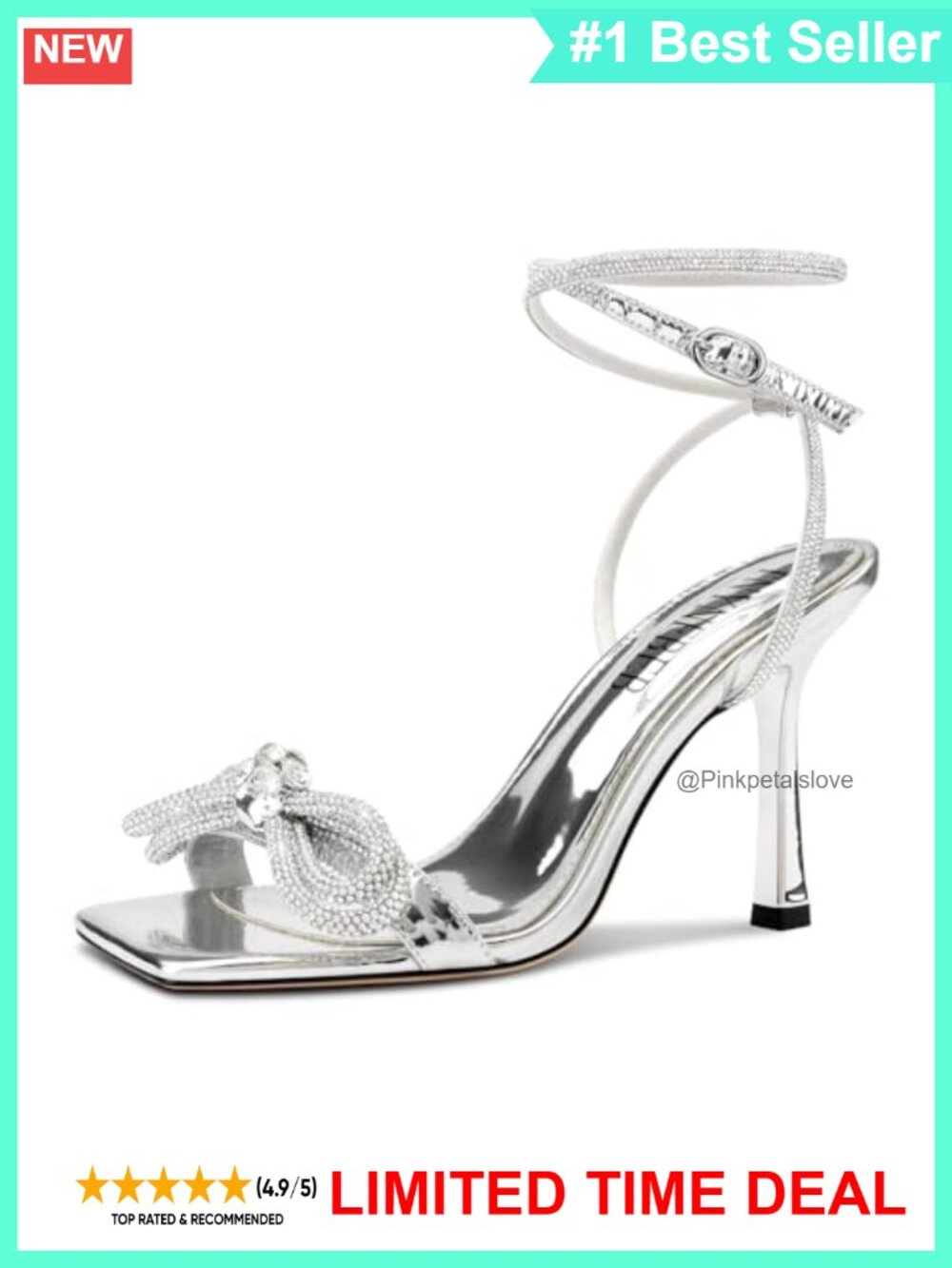 Womens Stiletto Heels Open Square Toe Ankle Strap Rhinestone Bow Sandals
